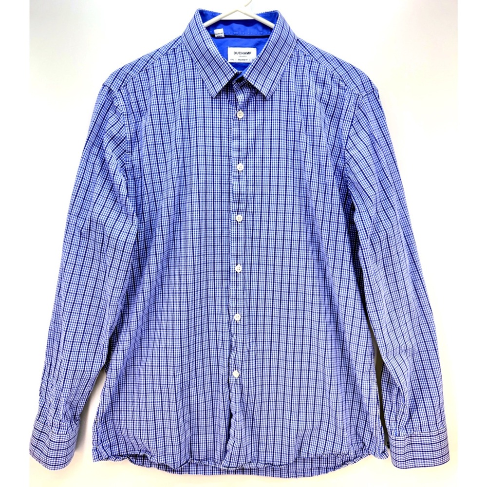 Duchamp London Blue Gingham Button Up Shirt Sz 17 XL Preppy Academia Ivy‎ Leage